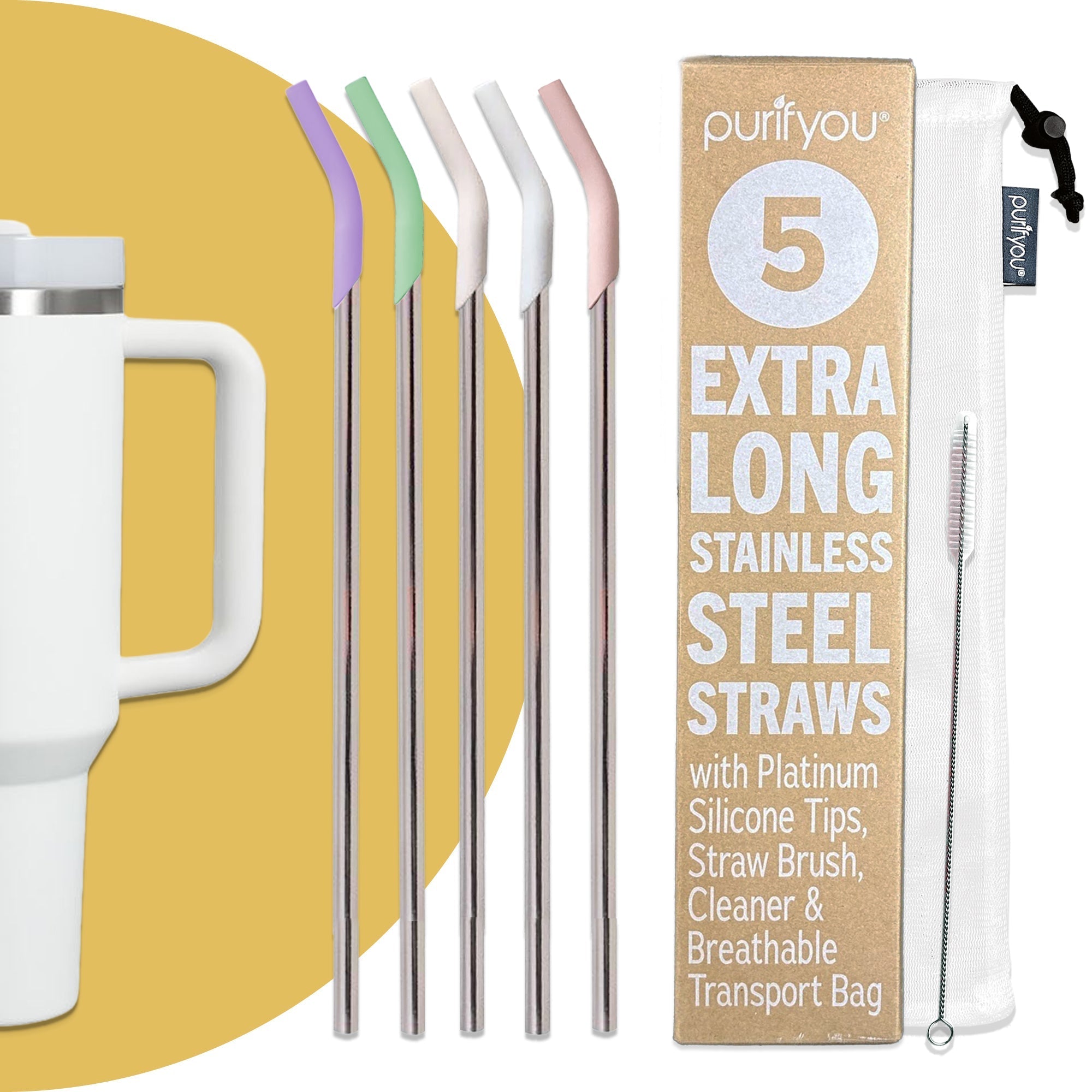 Purifyou Reusable Stainless Steel Straws with Silicone Tips Travel Set
