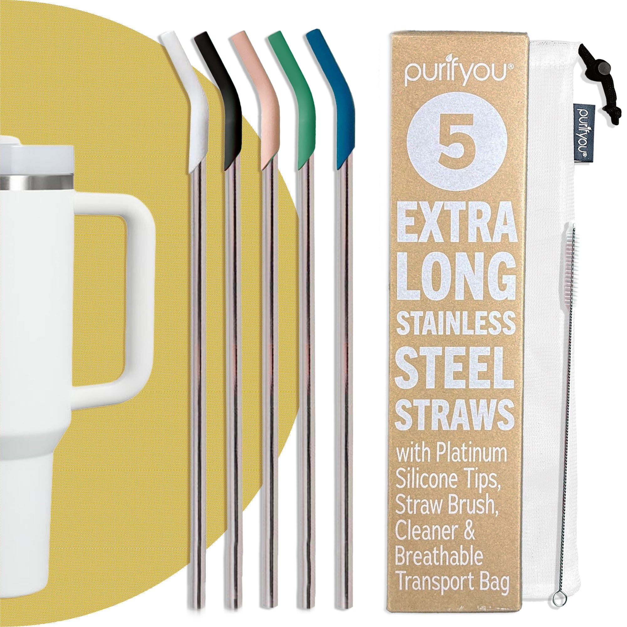 Purifyou Reusable Stainless Steel Straws with Silicone Tips Travel Set