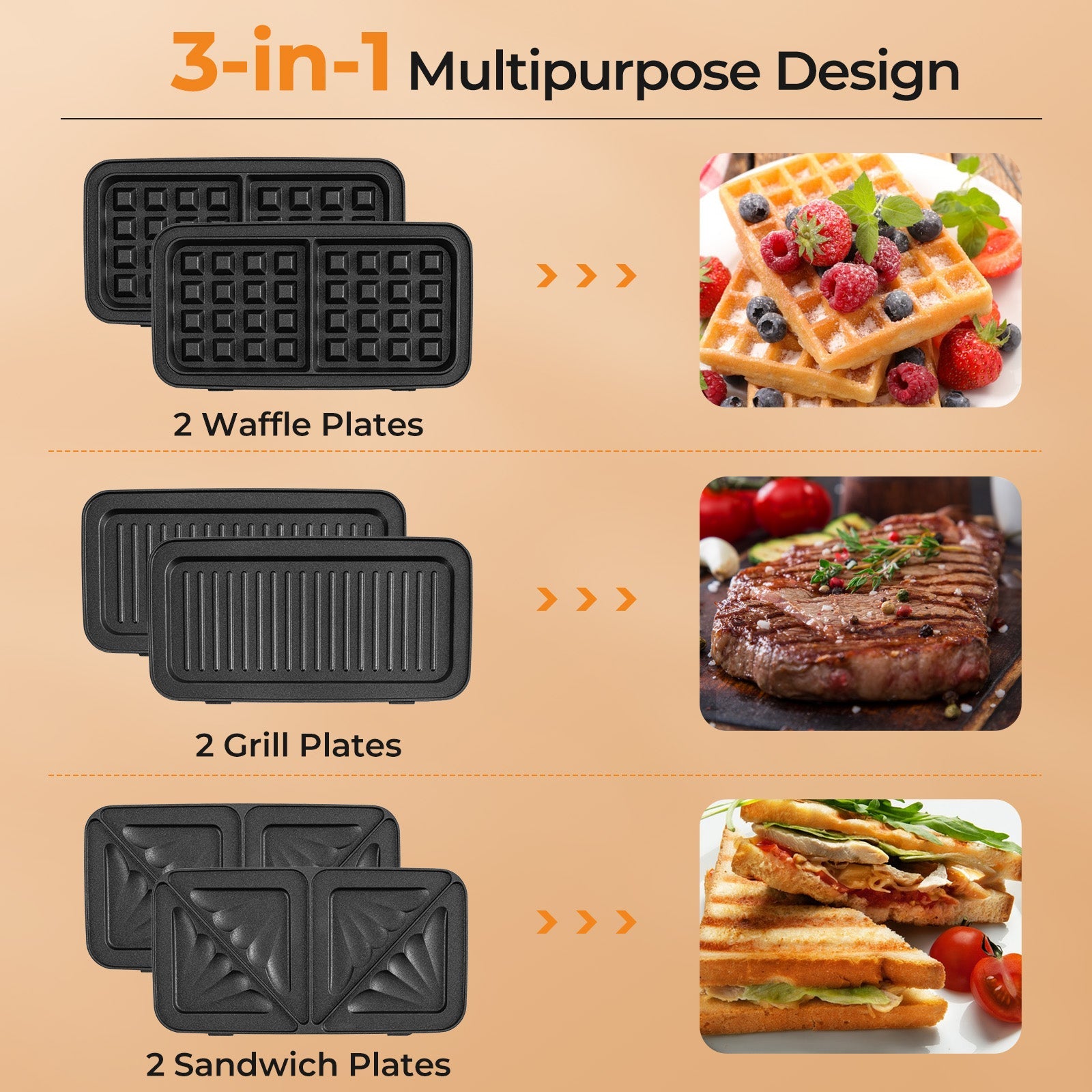 3-in-1 1082W Sandwich Maker with Removable Non-Stick Plates-Black