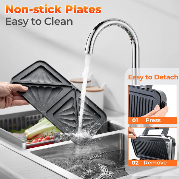 3-in-1 1082W Sandwich Maker with Removable Non-Stick Plates-Black