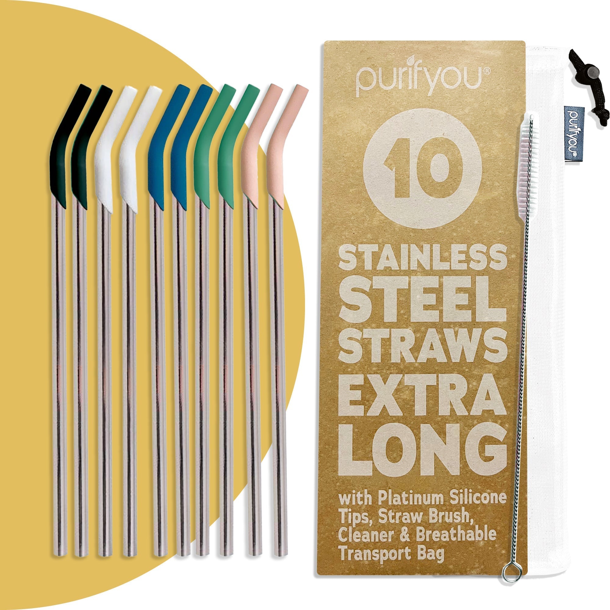 Purifyou Reusable Stainless Steel Straws with Silicone Tips Travel Set