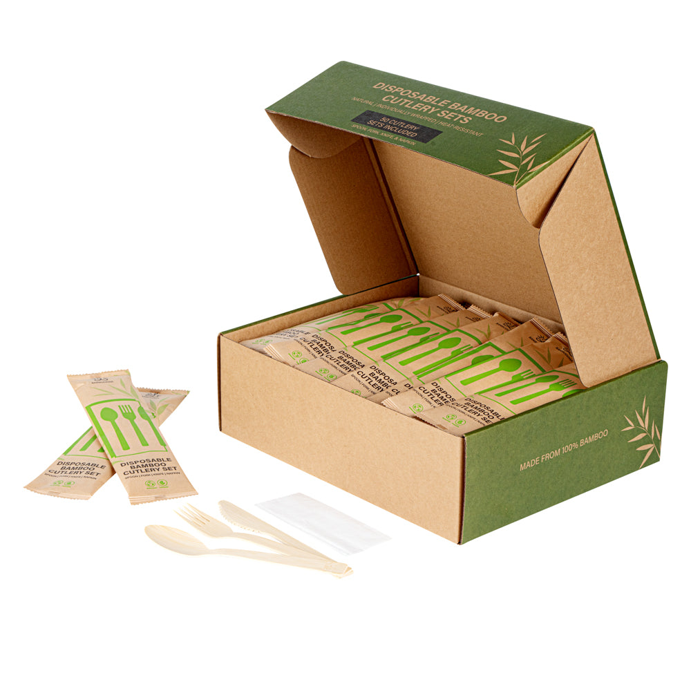 Bamboo Disposable Cutlery Set 7 Inch 50 Count Box