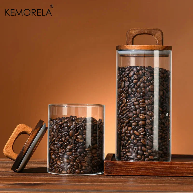 Glass Airtight Storage Jar with Wooden Lid Kitchen Canister Container
