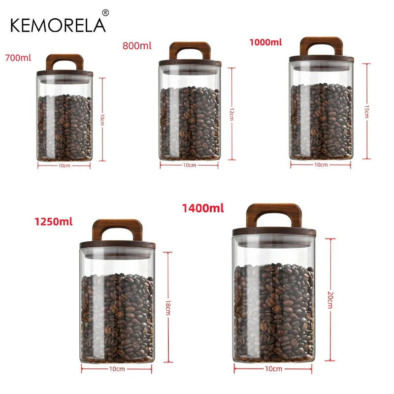 Glass Airtight Storage Jar with Wooden Lid Kitchen Canister Container