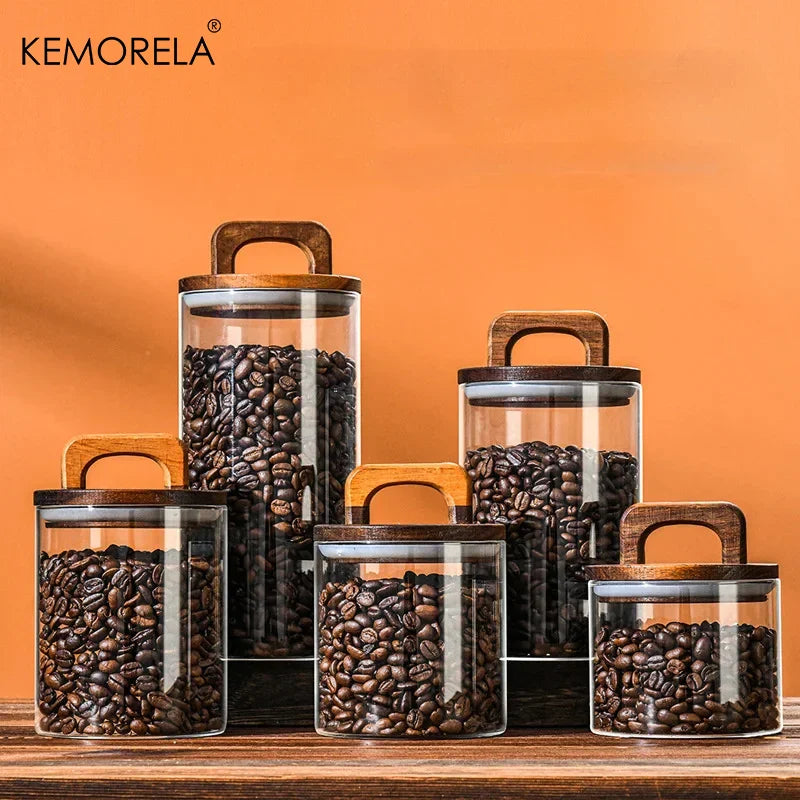 Glass Airtight Storage Jar with Wooden Lid Kitchen Canister Container