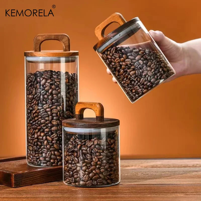 Glass Airtight Storage Jar with Wooden Lid Kitchen Canister Container