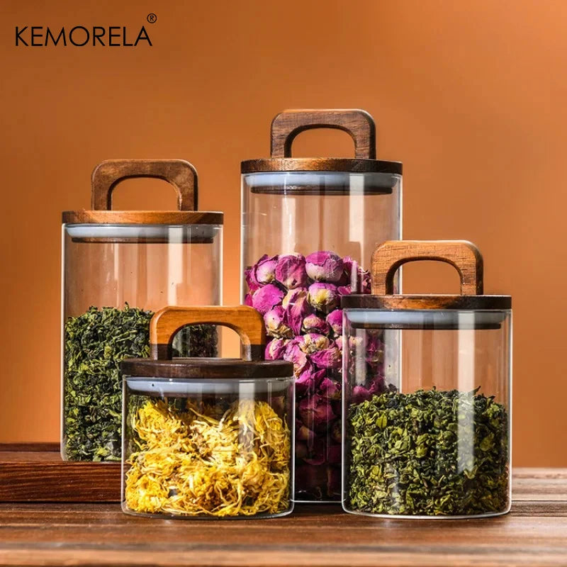 Glass Airtight Storage Jar with Wooden Lid Kitchen Canister Container