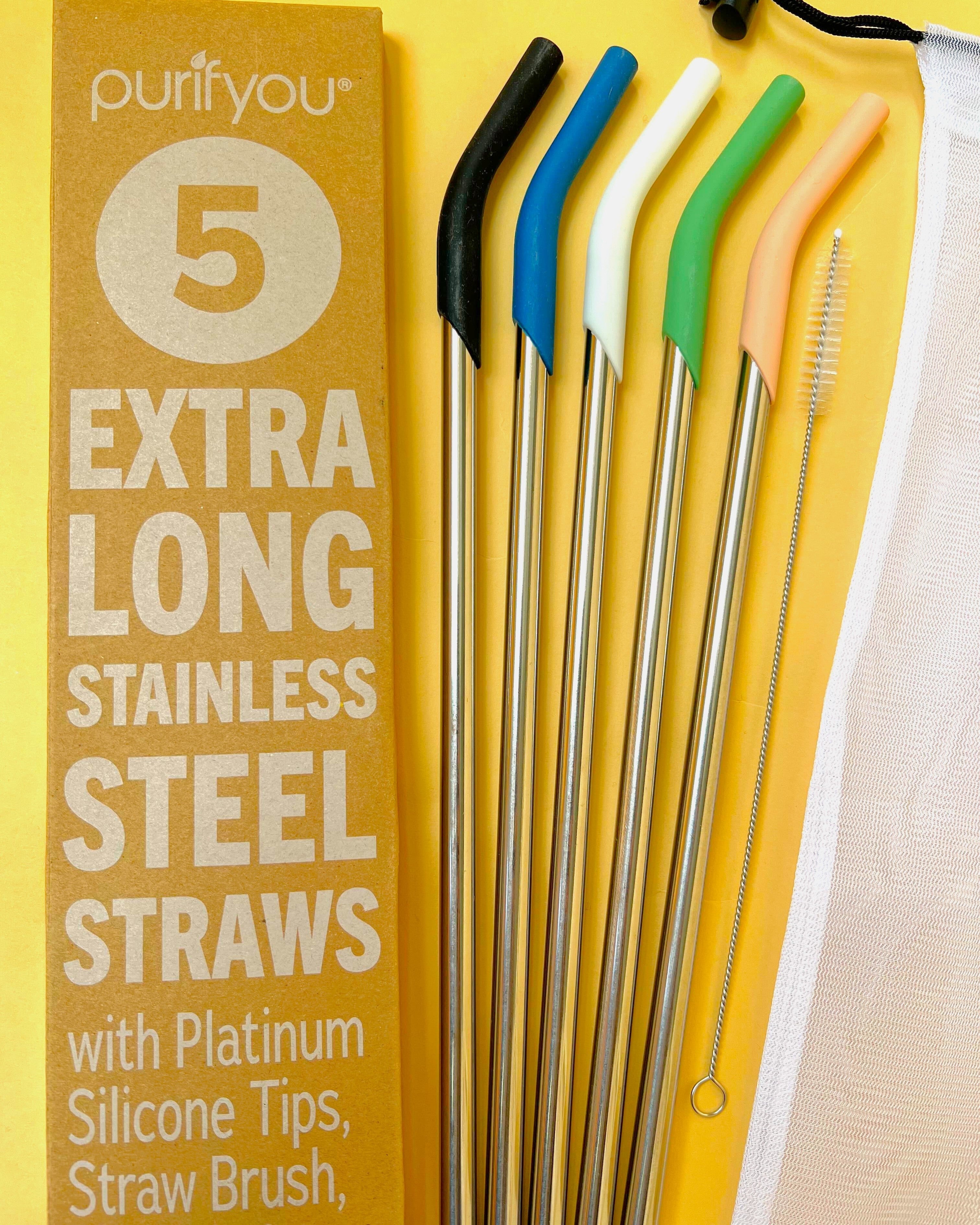 Purifyou Reusable Stainless Steel Straws with Silicone Tips Travel Set