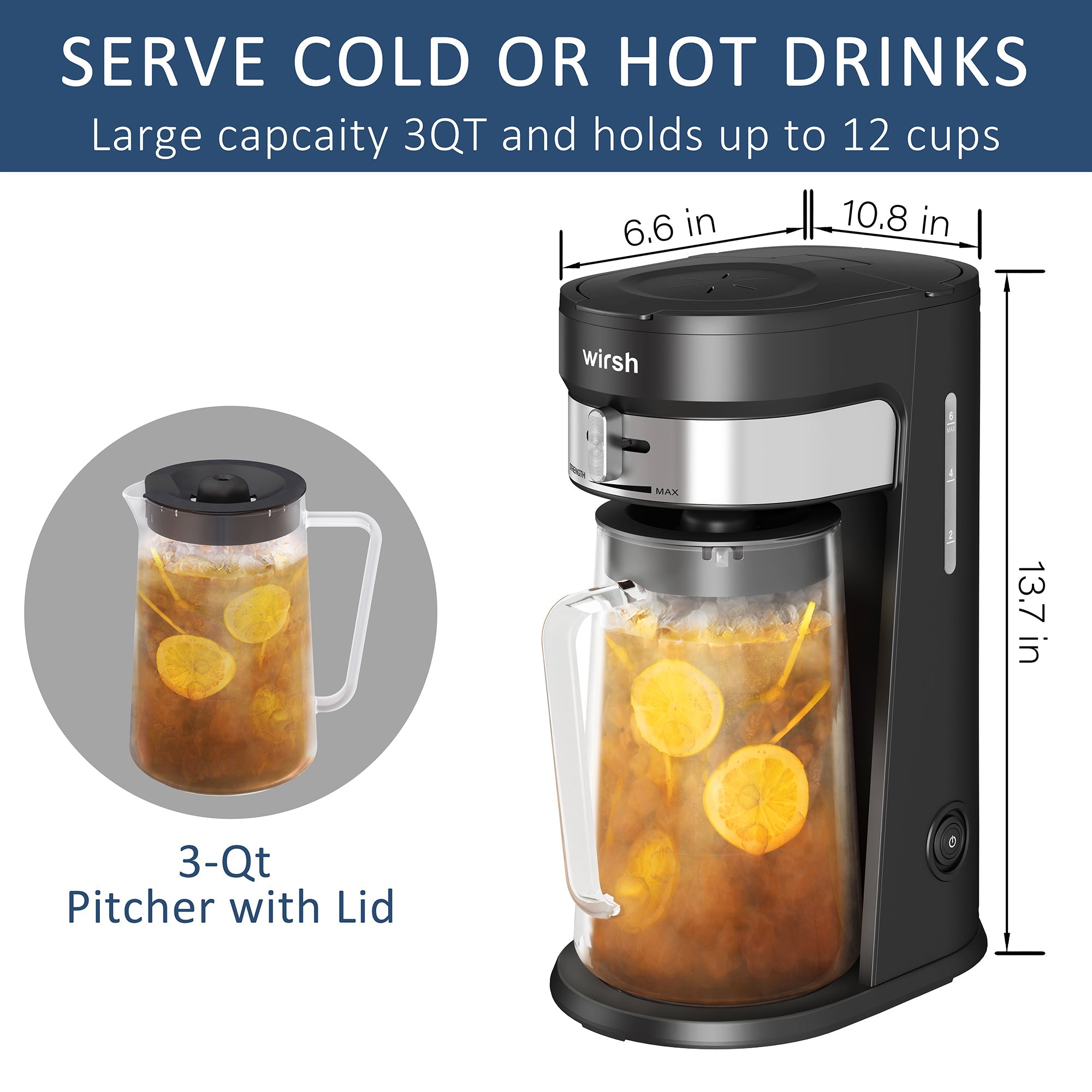 Wirsh Iced Coffee and Tea Maker 85 Ounce Pitcher Strength Control